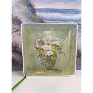 Target Home Porcelain Square Platter Hand Painted Floral Bouquet Sage Green 12in
